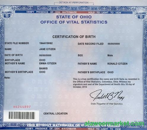 USA Ohio state birth certificate template in PSD format